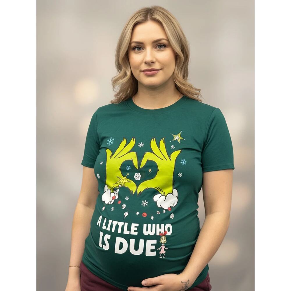The Grinch Women’s Size XL 16/18 Green A Little Who Is Due Maternity Shirt x-mas